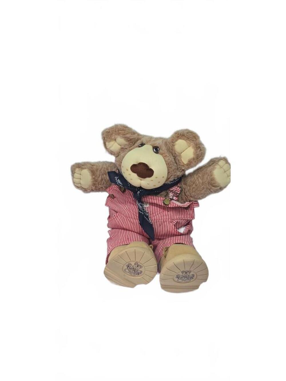 Furskins Vintage Plush Bear Doll with Red Striped Overalls and Bandana